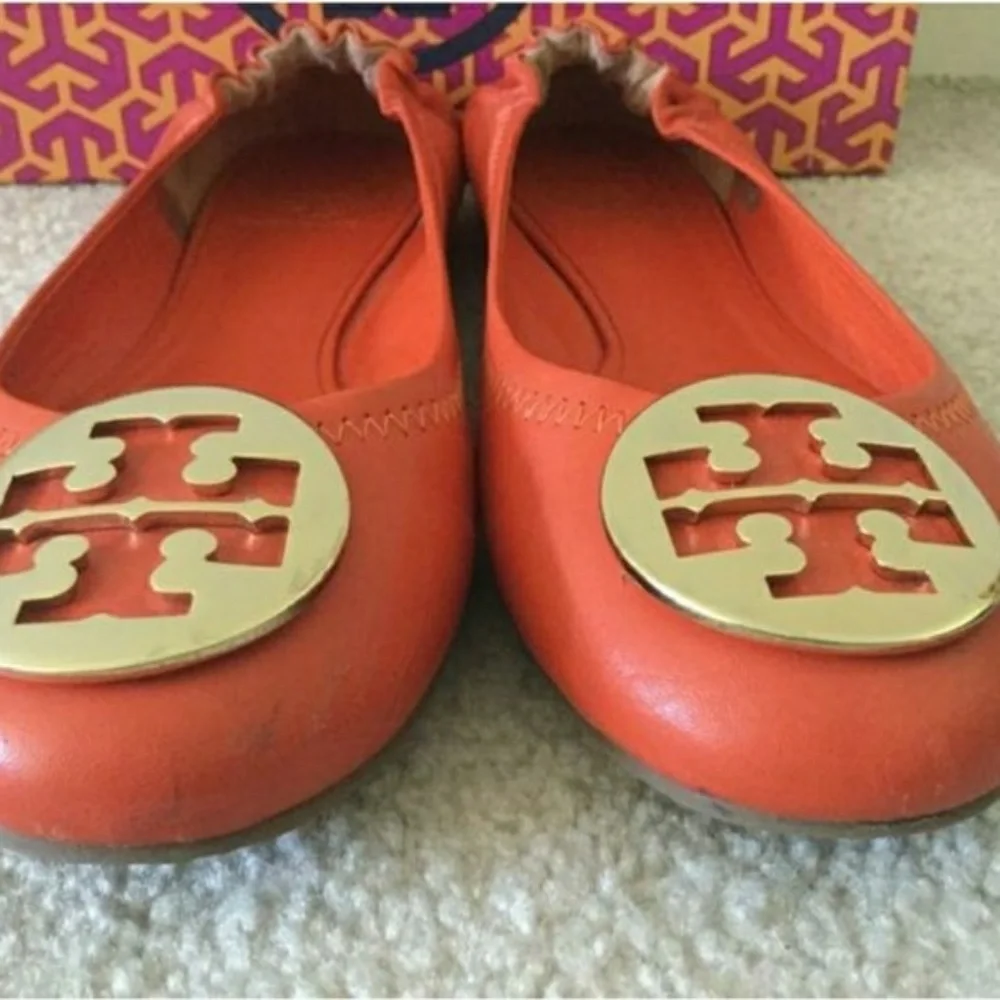 TORY BURCH Orange Size 8.5 Gold Logo Flats